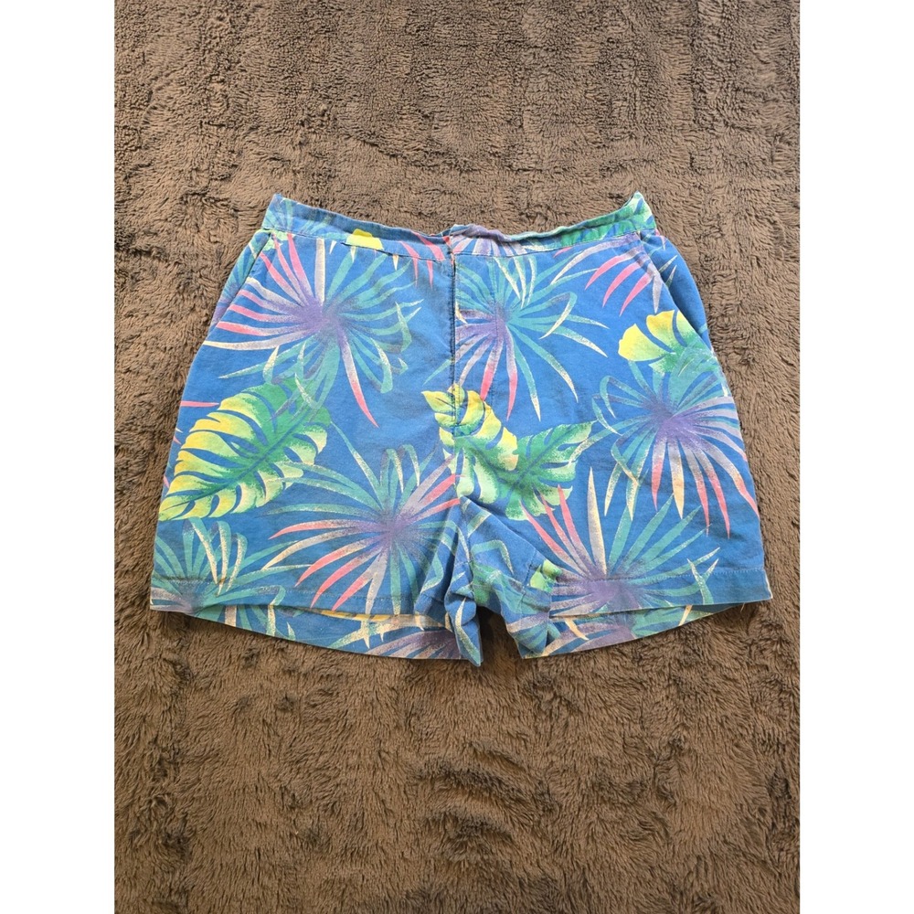 Vintage Tropical Palm Leaf Print High Waisted Shorts Blue Green Pink Womens 32